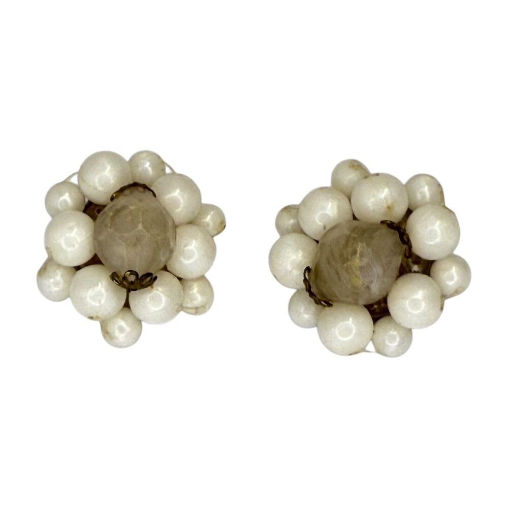 Vintage White Pearl Bead & Faceted Stone Cluster Clip-On Earrings Womens Jewelry - Picture 4 of 5